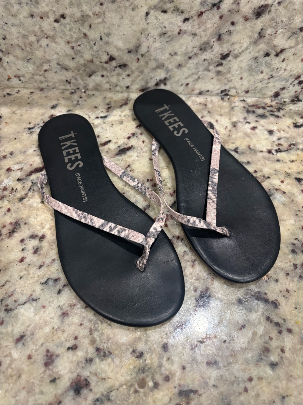 TKEES | Liner Matte Leather Thong with animal print  Flat Black Sandal Size 7